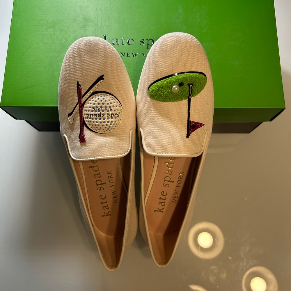 kate spade Ivory Canvas Golf Embellished Slip-On Loafers
